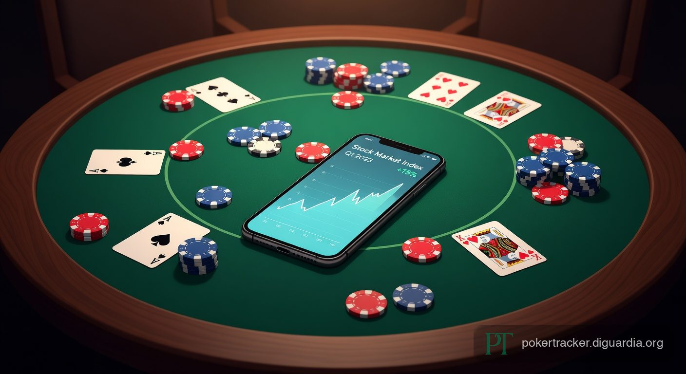 Poker table with chips, cards, and a smartphone showing a session tracking chart